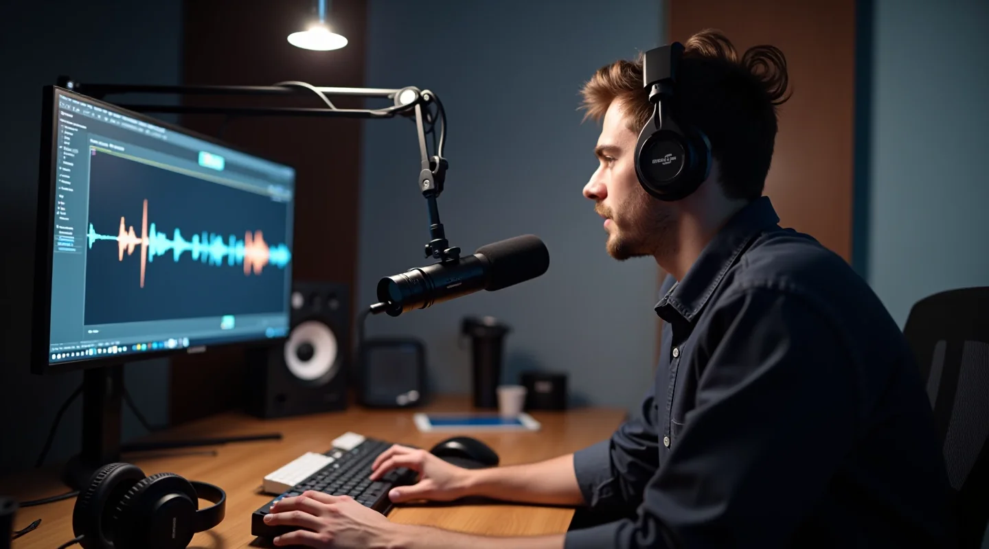 Estudio de grabación de audio con micrófonos y mesa de mezclas